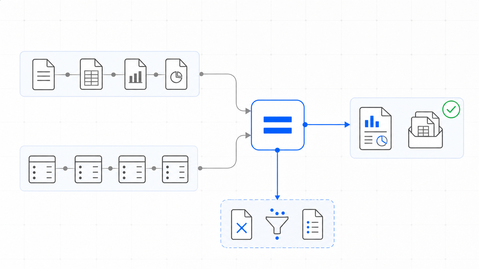 Corporate reconciliation-bridge architecture for Expense & P-Card: parallel source documents and ledger records converge at a tie-out control, with exceptions separated from verified evidence.