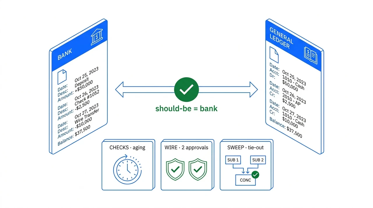 Diagram: a bank statement and a general ledger joined by a reconciliation bridge with a green verified check reading should-be equals bank; below, three cash-manager controls — outstanding-check aging, a wire needing two distinct approvals, and sub-accounts sweeping into one concentration account